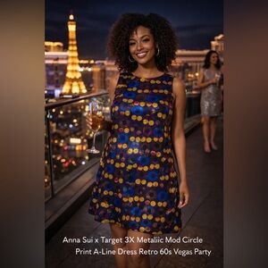 Anna Sui x Target 3X Metallic Mod Circle Print Shift Dress Retro Vegas Party